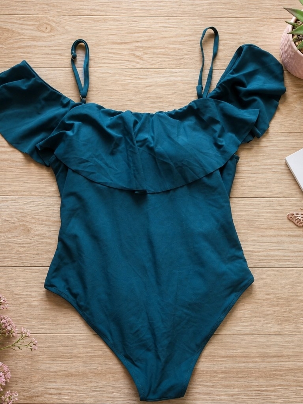 Women's Off Shoulder Ruffle One Piece Swimsuit Dark Teal Adjustable Straps